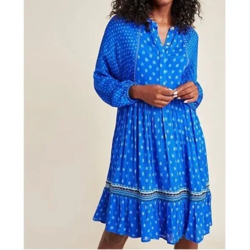 Anthropologie Bl^nk Coterie Embroidered Blue Polka Dot Tunic Dress Size L